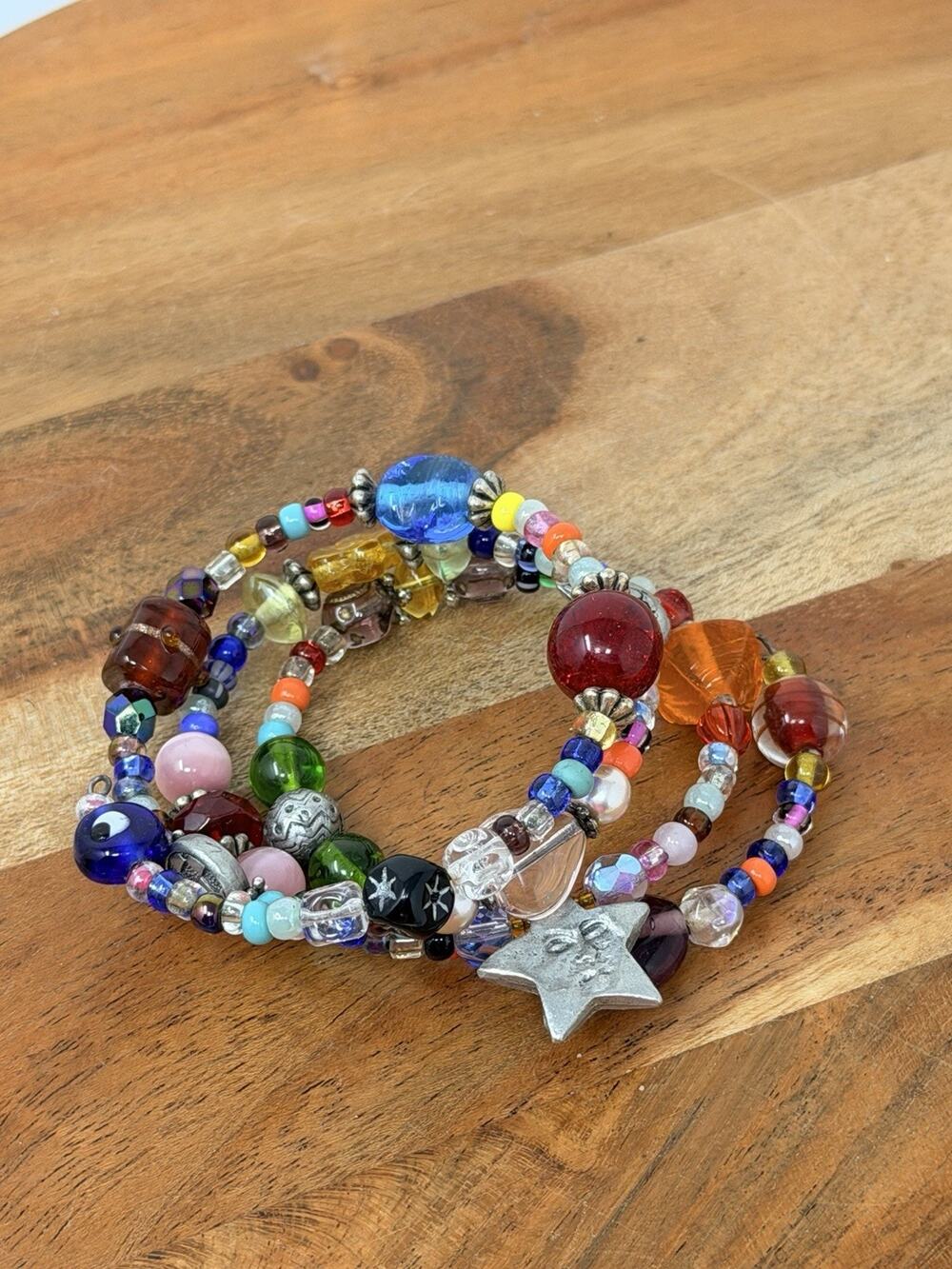 Colorful Mixed Glass Bead Bracelet Lampwork Millefiori Boho Artisan Memory Wire